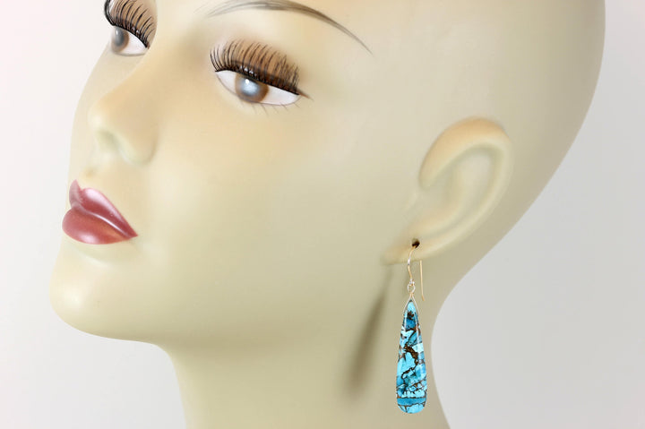 Copper Blue Turquoise Earrings Large Long Sterling Silver or 14k Solid Yellow Gold or Filled Mosaic Veining Simple Drops Spyglass  2 Inch