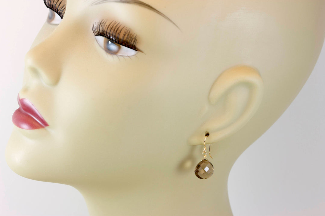 Smoky Quartz Earrings Faceted Heart Briolette Smokey 14k Solid Gold or 14k Gold Filled or Sterling Silver Classic Simple Dainty Drops