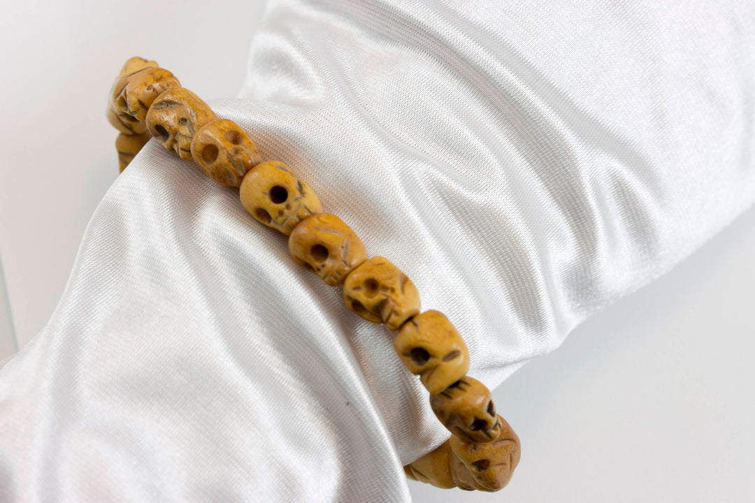 Skull Bracelet Carved Bone White Cream Or Brown  Bone Skulls 8 Inch Women Man Men's Bracelet Stretchy Tibetan Prayer Beads