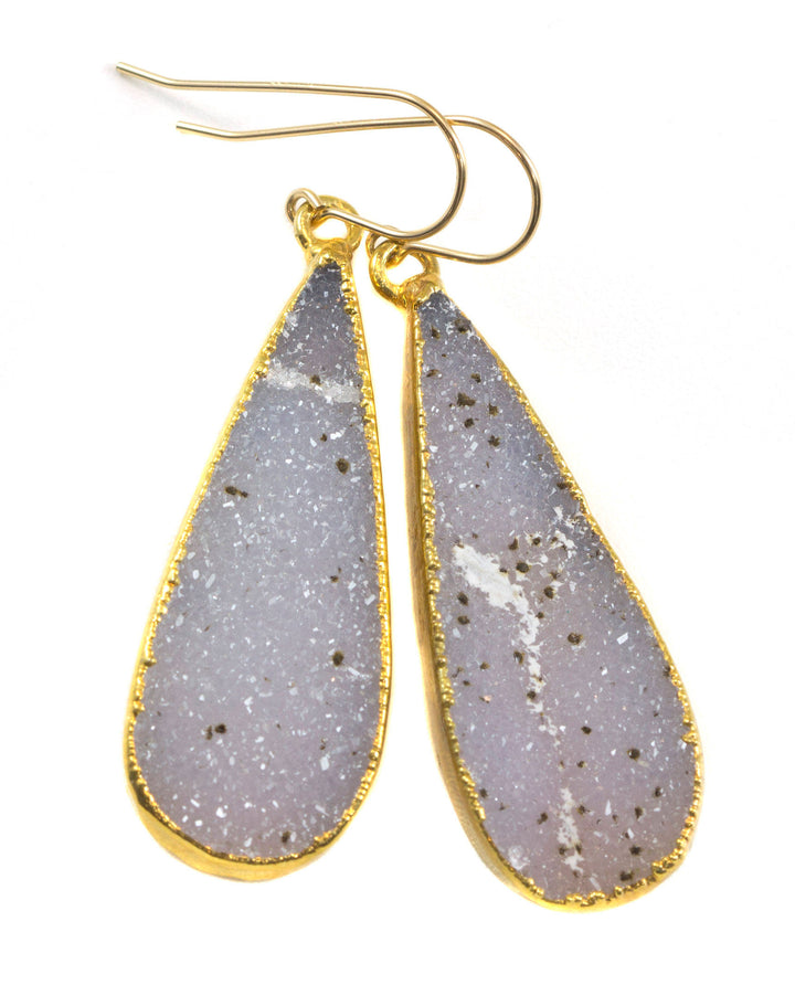 Drusy Earrings Long Light Gray Druzy Teardrop 14k Gold Filled Druzy Paired Natural Quartz Large Drops Electroplate Sides 2 Inches