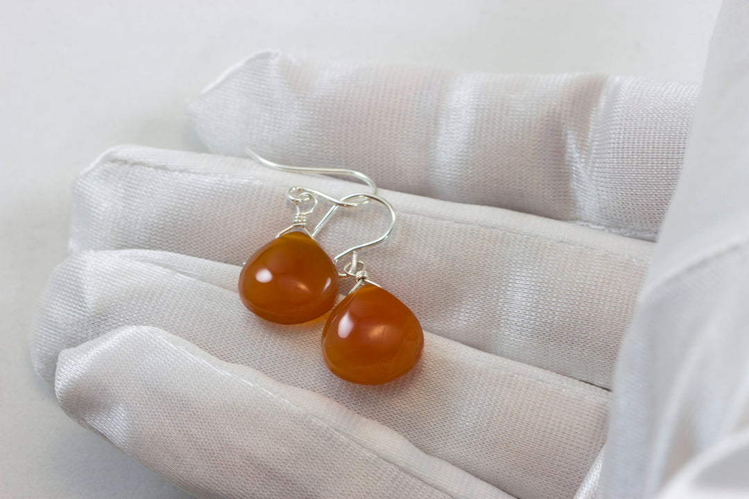 Carnelian Earrings Smooth Heart Teardrop  Sterling Silver or 14k Solid Gold or Filled Natural earthy orange chalcedony simple classic basic