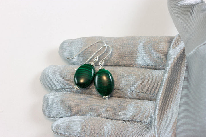 Malachite Earrings Green Oval shaped smooth Natural Dangle Drops Sterling Silver, 14k solid  gold or 14k Gold Filled simple design Striped