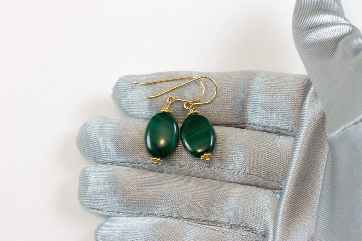 Malachite Earrings Green Oval shaped smooth Natural Dangle Drops Sterling Silver, 14k solid  gold or 14k Gold Filled simple design Striped