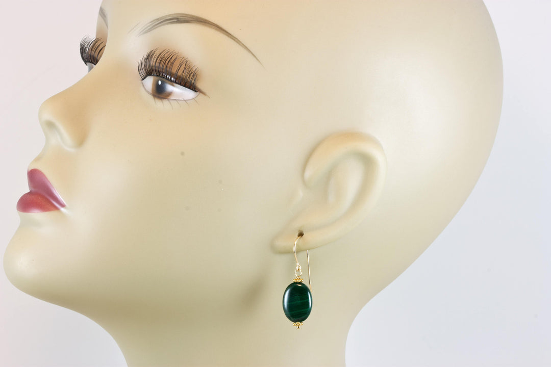 Malachite Earrings Green Oval shaped smooth Natural Dangle Drops Sterling Silver, 14k solid  gold or 14k Gold Filled simple design Striped