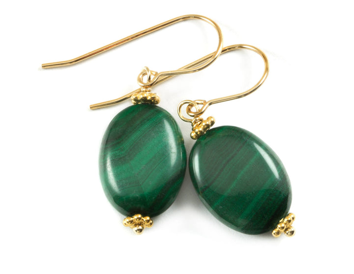 Malachite Earrings Green Oval shaped smooth Natural Dangle Drops Sterling Silver, 14k solid  gold or 14k Gold Filled simple design Striped