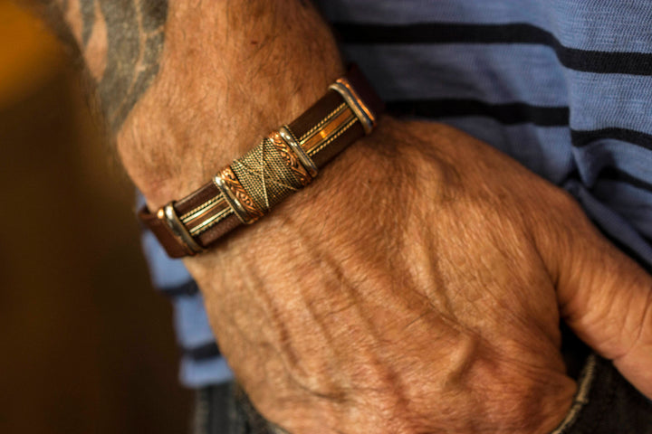 Leather Sterling Silver Bracelet Man's Cuff Adjustable for Men Copper Brass Wrapped Unique Mens Large Brown or Black High Quality 7 8  Inch
