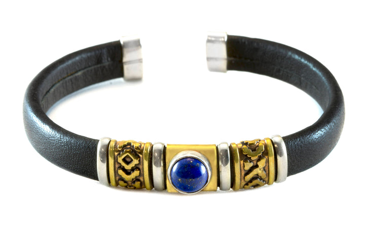 Leather Sterling Silver Bracelet Man's Womens Cuff Adjustable Copper Brass Wrapped Unique Blue Turquoise or Lapis Black Quality 8 9 Inch
