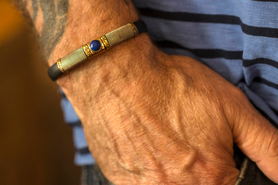 Leather Sterling Silver Bracelet Man's Womens Cuff Adjustable Copper Brass Wrapped Unique Blue Turquoise or Lapis Black Quality 8 9 Inch