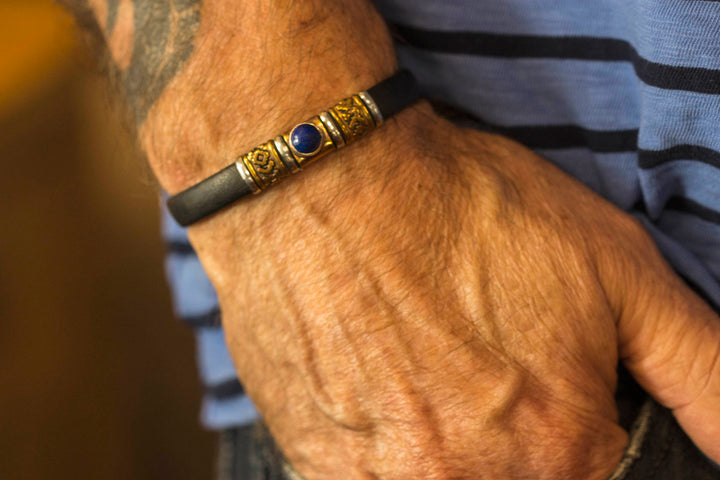 Leather Sterling Silver Bracelet Man's Womens Cuff Adjustable Copper Brass Wrapped Unique Blue Turquoise or Lapis Black Quality 8 9 Inch