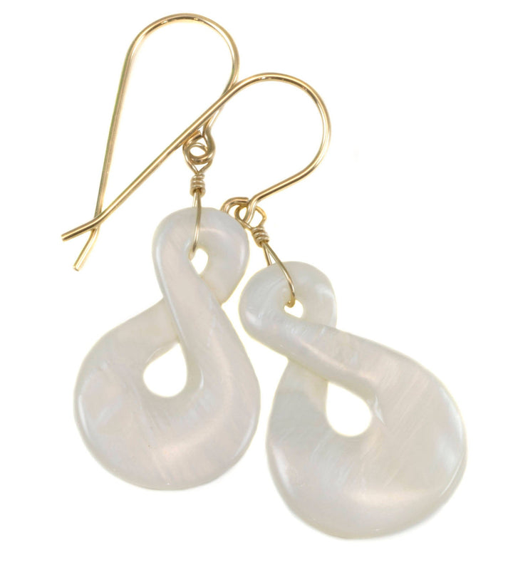 Mother of Pearl Earrings White Shell Carved Infinity Teardrop Natural 14k solid Gold or 14k Gold Filled or Sterling Silver Large  MOP Drops