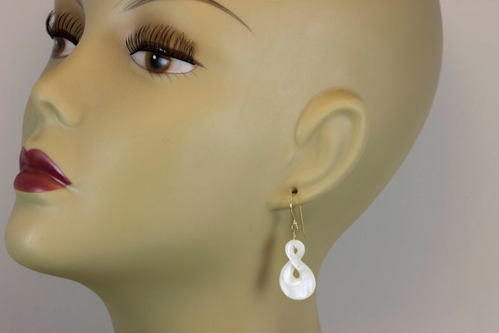 Mother of Pearl Earrings White Shell Carved Infinity Teardrop Natural 14k solid Gold or 14k Gold Filled or Sterling Silver Large  MOP Drops
