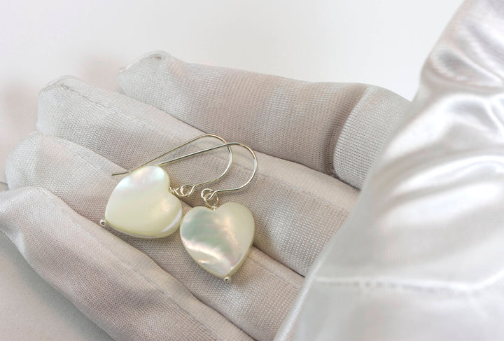 Mother of Pearl Earrings White Shell Heart Shaped Teardrop Natural 14k Solid Gold or Filled or Sterling Silver  High Luster Simple Drops MOP