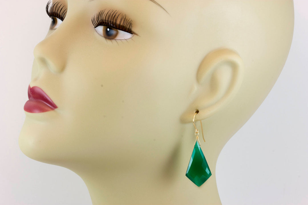 Green Onyx Earrings Faceted Large Triangle 2 Inches Teardrop Sterling Silver or 14k solid yellow gold or 14k Gold Fill Emerald Green Drops 2