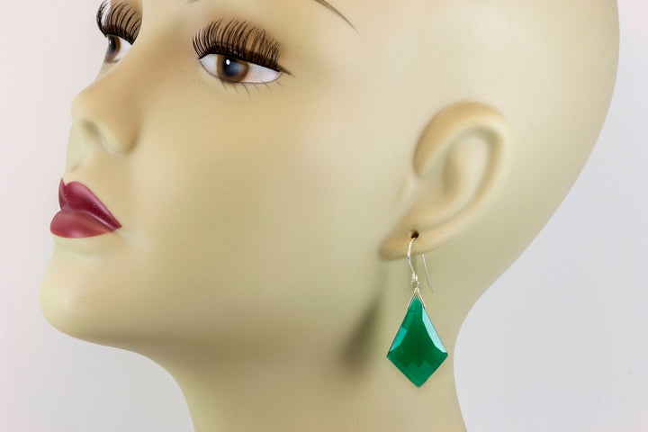Green Onyx Earrings Faceted Large Triangle 2 Inches Teardrop Sterling Silver or 14k solid yellow gold or 14k Gold Fill Emerald Green Drops 2