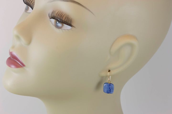 Kyanite Earrings Rich Blue High Quality Smooth Simple Natural Square Dainty Drops 14k Gold or Filled or Sterling Silver Small Everyday