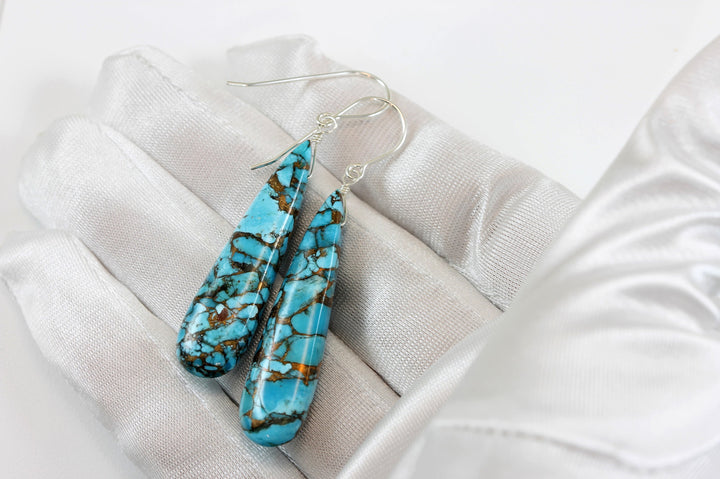 Copper Blue Turquoise Earrings Large Long Sterling Silver or 14k Solid Yellow Gold or Filled Mosaic Veining Simple Drops Spyglass  2 Inch