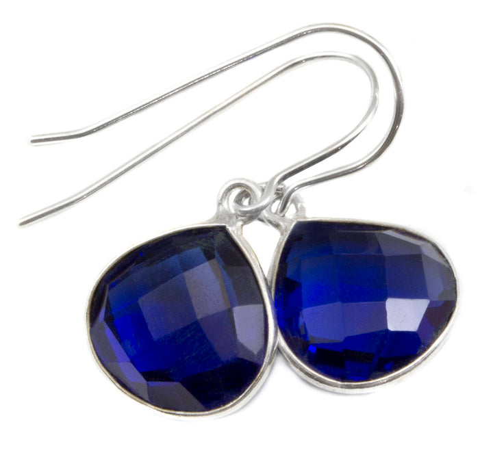 Sapphire Blue Earrings Faceted Simulated Sapphire Heart Teardrop Drop 14k Solid Gold or Filled or Sterling Silver Bezel Classic Simple