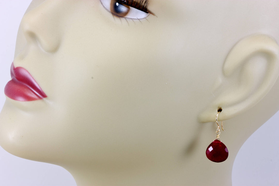 Red Ruby Earrings Heart Teardrop Dangle faceted Sterling Silver or 14k solid gold or 14k Yellow or Rose Gold Filled  Simple Natural Corundum