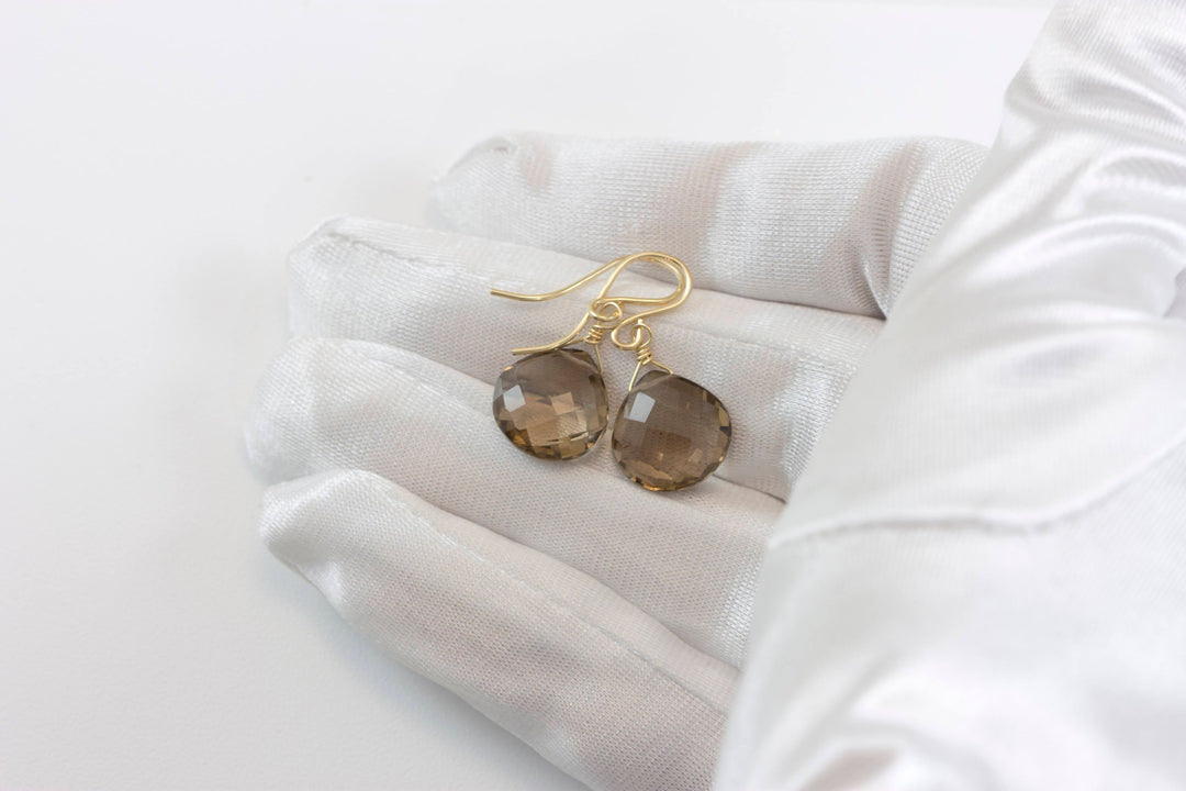 Smoky Quartz Earrings Faceted Heart Briolette Smokey 14k Solid Gold or 14k Gold Filled or Sterling Silver Classic Simple Dainty Drops