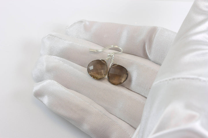 Smoky Quartz Earrings Faceted Heart Briolette Smokey 14k Solid Gold or 14k Gold Filled or Sterling Silver Classic Simple Dainty Drops