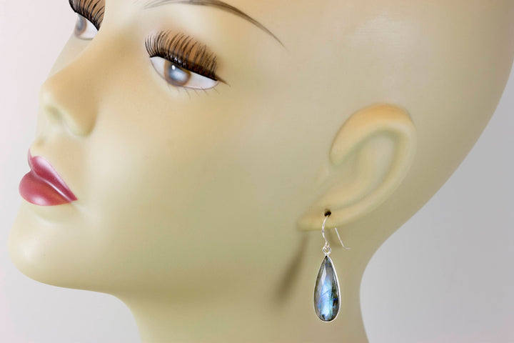 Blue Flash Labradorite Earrings large Simple Drops Bezel faceted teardrops Dangle Sterling Silver or 14k Solid Gold Blue Flash 1.5 Inches