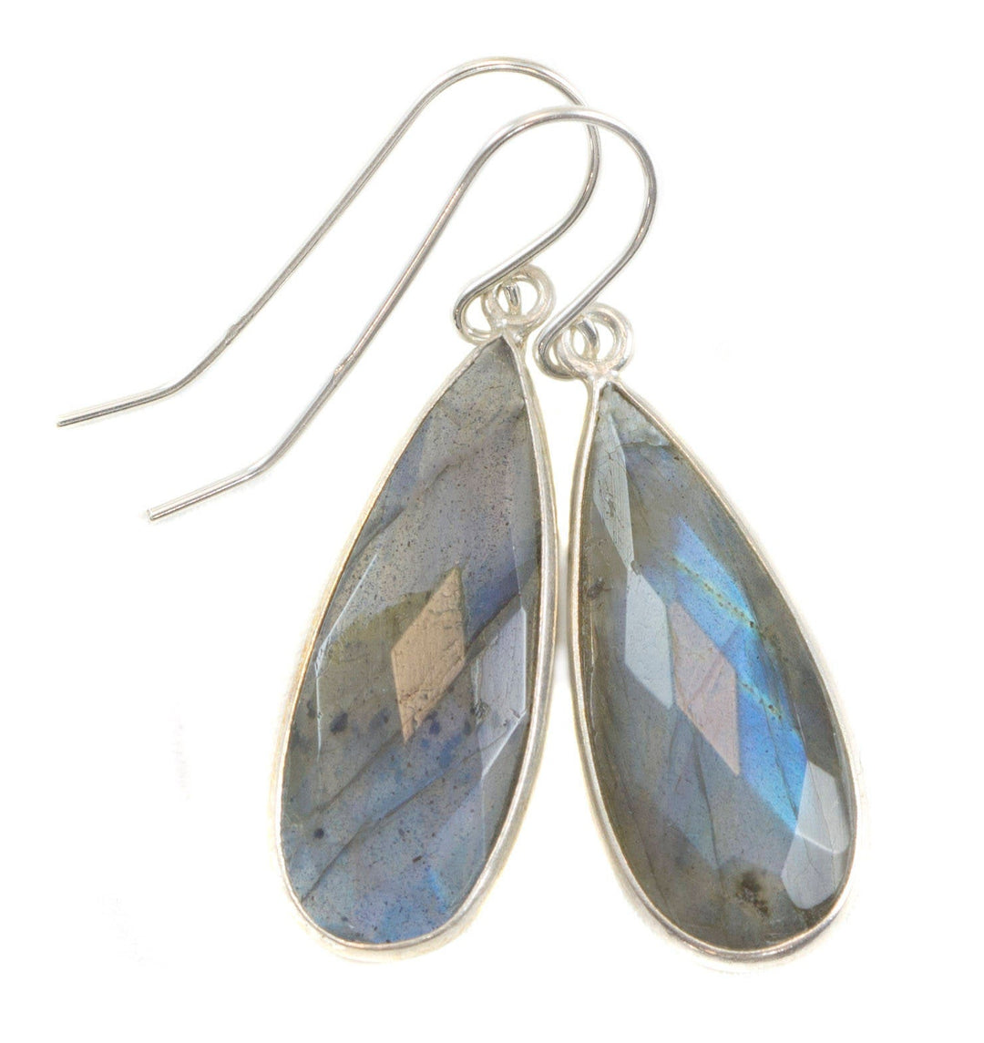 Blue Flash Labradorite Earrings large Simple Drops Bezel faceted teardrops Dangle Sterling Silver or 14k Solid Gold Blue Flash 1.5 Inches