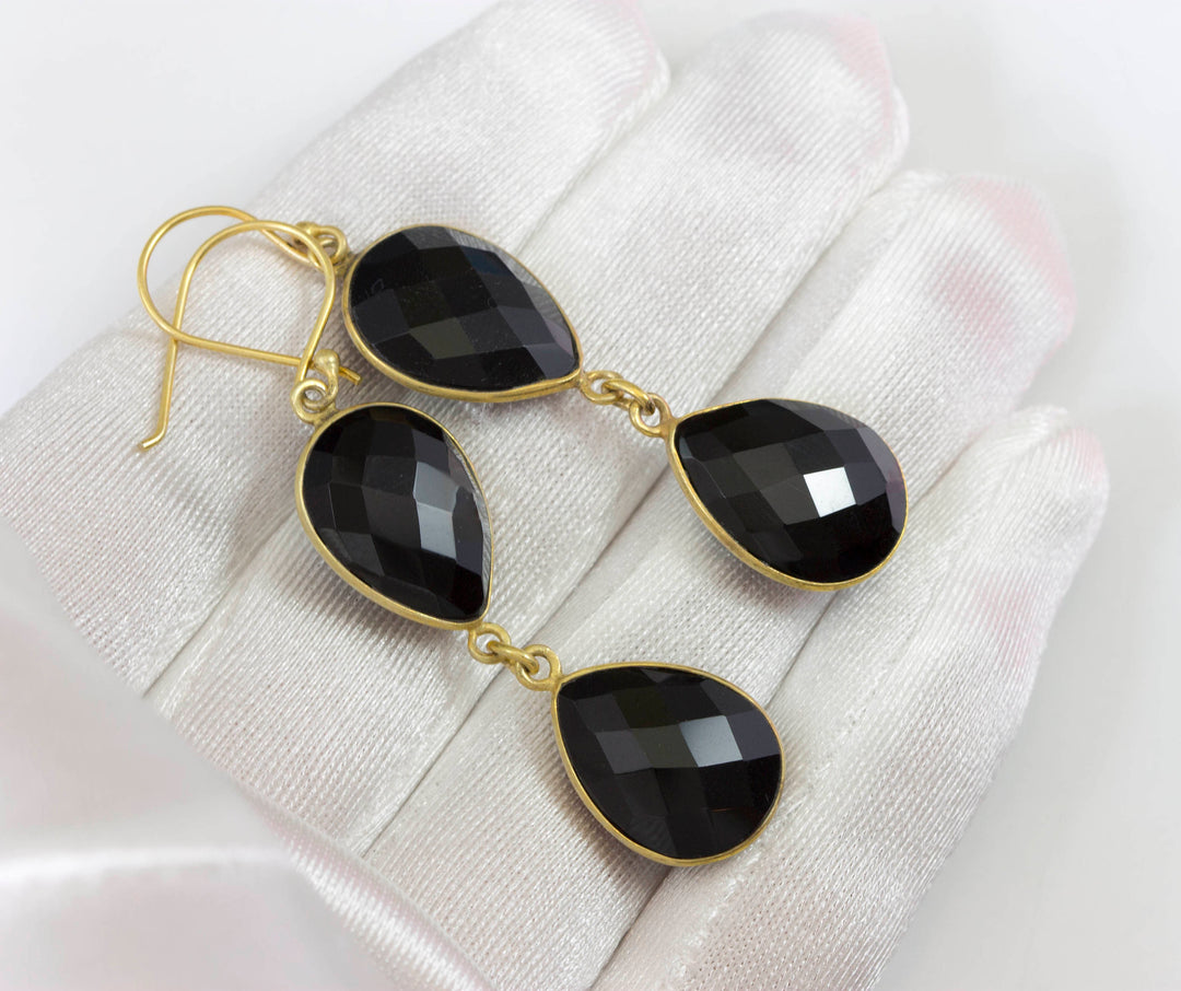 Black Spinel Earrings Bezel Set Faceted Large Teardrop Gold 14k solid Gold or Filled Double hung natural drops 2 Inches