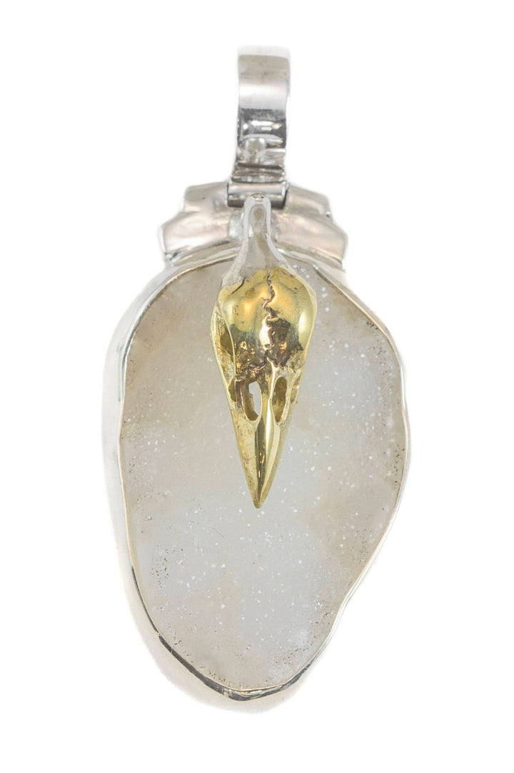 Bird Skull Necklace Drusy Pendant Large sculpted quality cast design unique White Druzy Bezel Set 1.8 Inches Sterling Silver and Brass