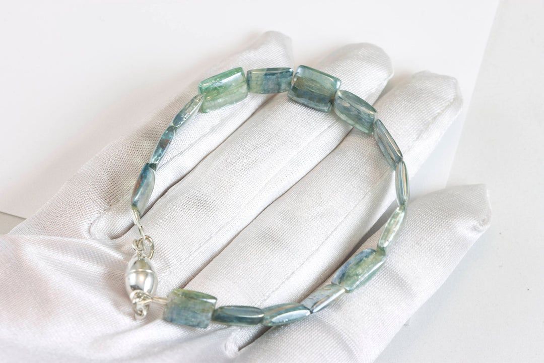 Kyanite Bracelet Yellow 14k Gold Plate or Silver Silvery Blue Very Rare Rectangle Cut and Color 7" Iridescent Unique Color