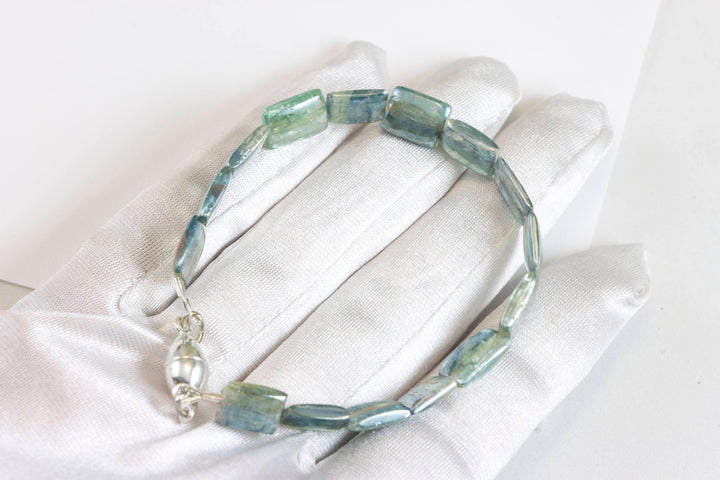 Kyanite Bracelet Yellow 14k Gold Plate or Silver Silvery Blue Very Rare Rectangle Cut and Color 7" Iridescent Unique Color