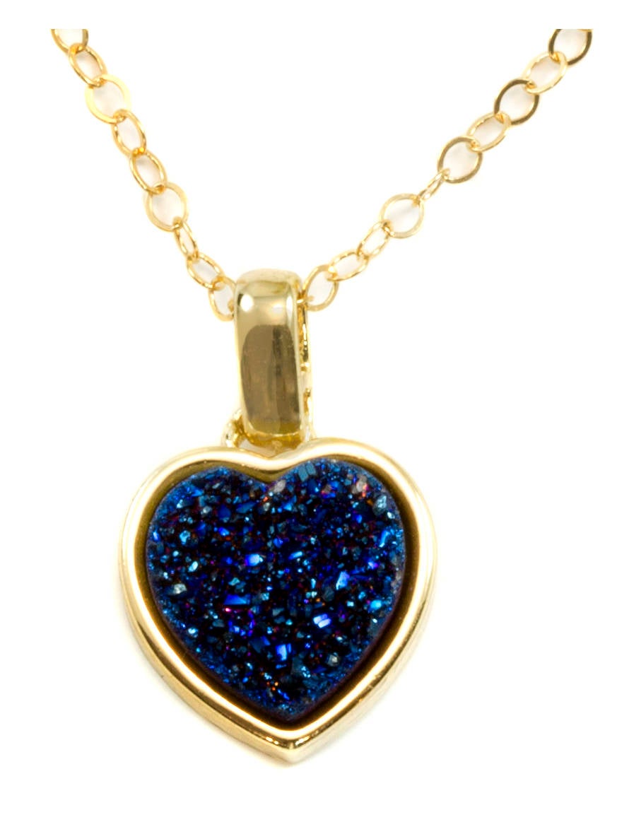 Drusy Pendant Necklace 14k Gold Fill Bezeled Black Peacock Blue Silver Variety Purple Heart Round Square Teardrop Small Dainty 20 Inch Chain