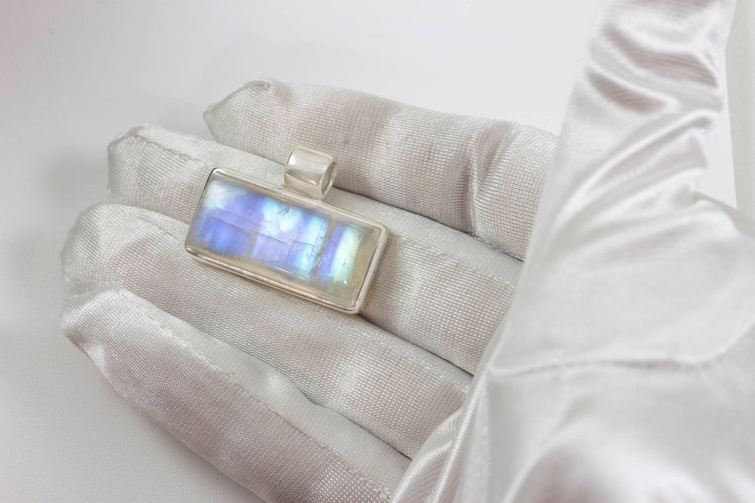 Moonstone Necklace Pendant Sterling Silver Rectangle Shape AAA Unique Natural Blue Flash Rainbow Moonstone Bezel Setting