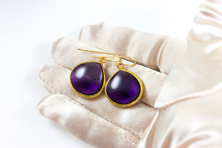 Simulated Purple Amethyst Earrings Smooth Large Heart Smooth Cut 14k Solid Gold or Filled Teardrop Deep Rich Purple Everyday Puffed Drops