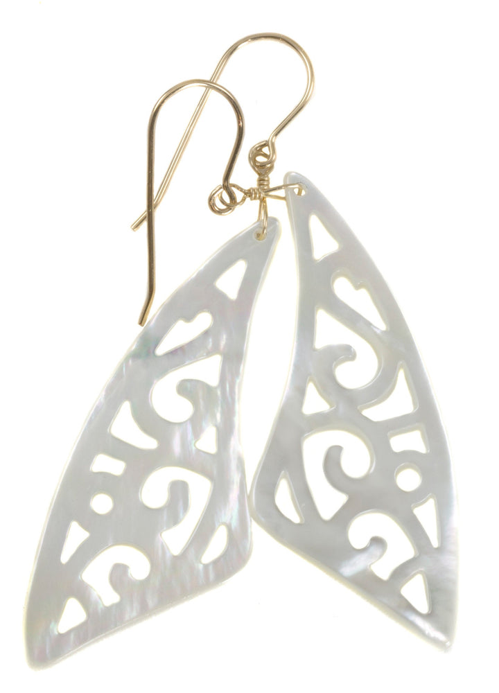Mother of Pearl Earrings White Shell Carved Relief Triangle Teardrop Natural 14k Gold or Filled or Sterling Silver Large MOP Drops 2.6 Inch