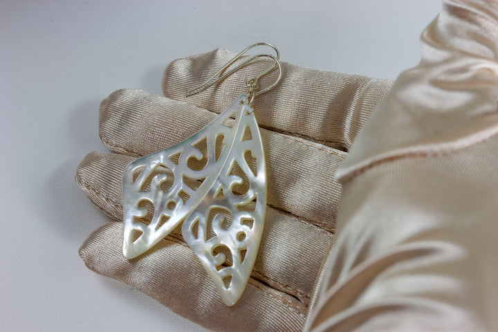 Mother of Pearl Earrings White Shell Carved Relief Triangle Teardrop Natural 14k Gold or Filled or Sterling Silver Large MOP Drops 2.6 Inch