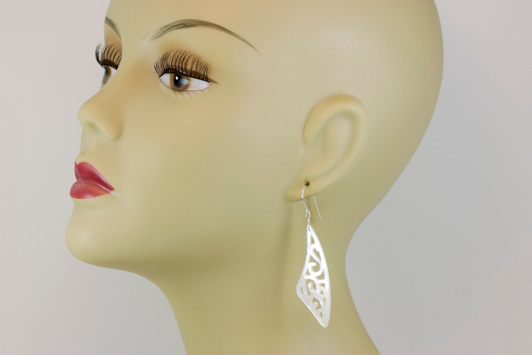 Mother of Pearl Earrings White Shell Carved Relief Triangle Teardrop Natural 14k Gold or Filled or Sterling Silver Large MOP Drops 2.6 Inch