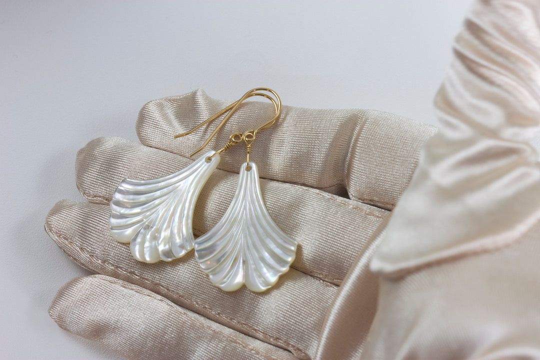 Mother of Pearl Earrings White Shell Carved Fan Leaf Teardrop Natural 14k Gold or Filled or Sterling Silver Large MOP Drops 2 Inch