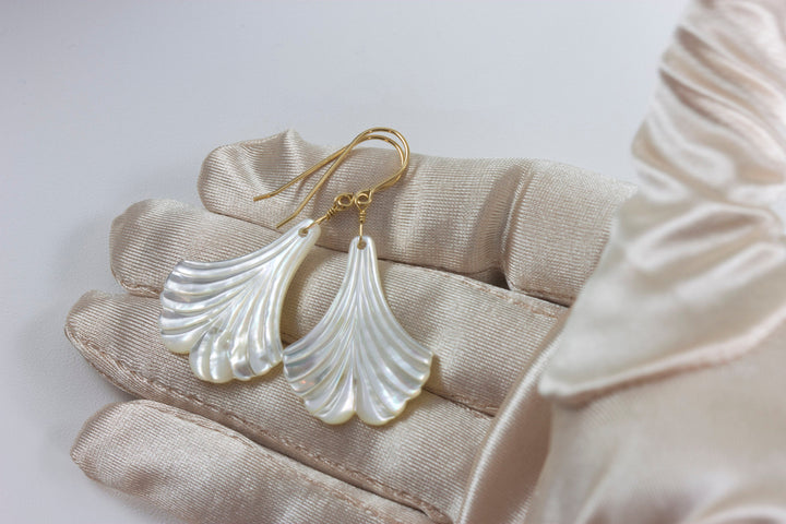 Mother of Pearl Earrings White Shell Carved Fan Leaf Teardrop Natural 14k Gold or Filled or Sterling Silver Large MOP Drops 2 Inch