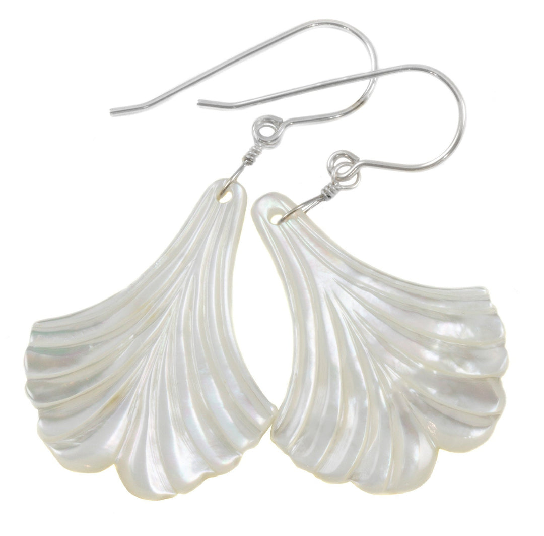 Mother of Pearl Earrings White Shell Carved Fan Leaf Teardrop Natural 14k Gold or Filled or Sterling Silver Large MOP Drops 2 Inch