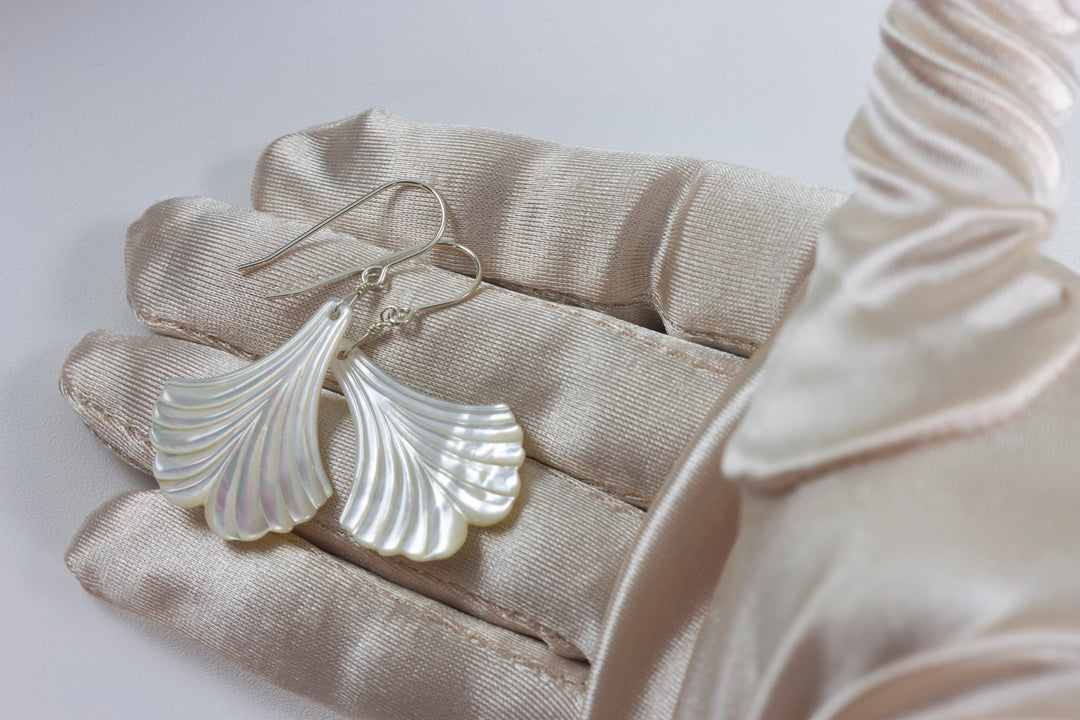 Mother of Pearl Earrings White Shell Carved Fan Leaf Teardrop Natural 14k Gold or Filled or Sterling Silver Large MOP Drops 2 Inch