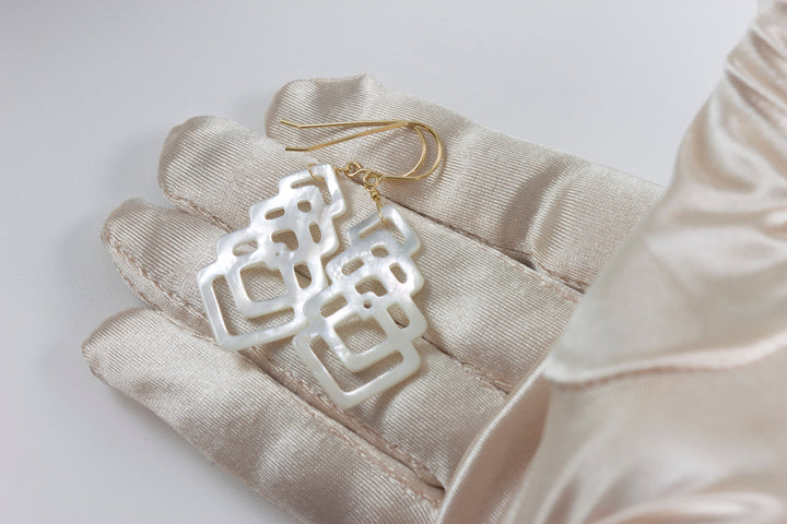 Mother of Pearl Earrings White Shell Carved Tiered Square Teardrop Natural 14k Gold or Filled or Sterling Silver Large MOP Drops 2 Inch