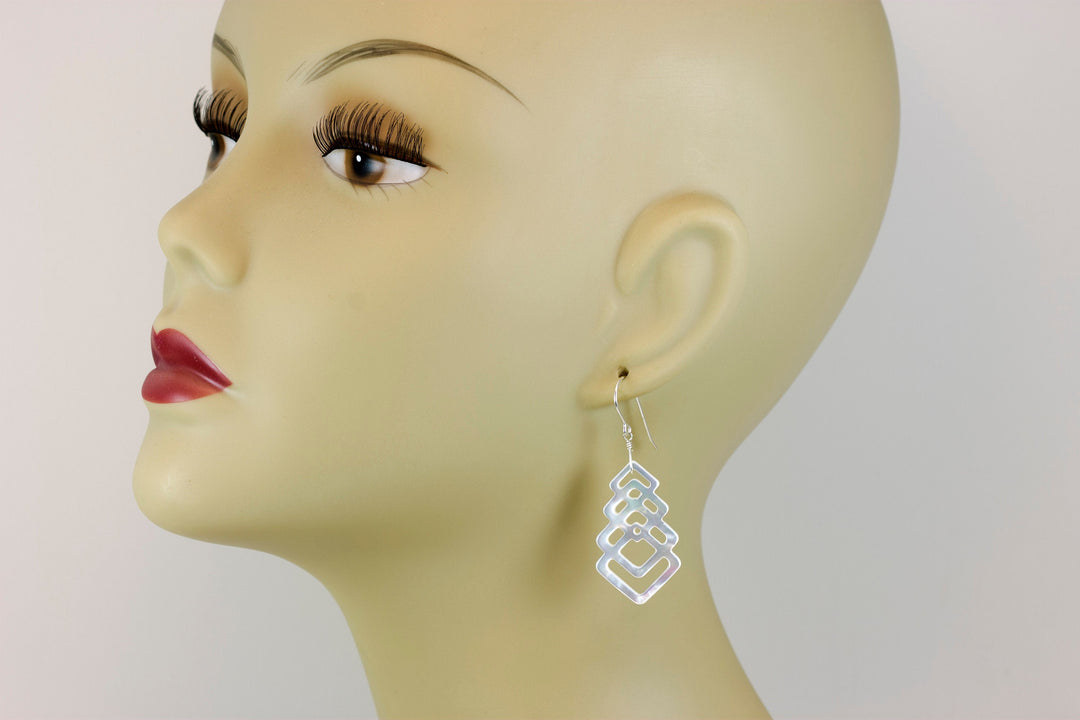 Mother of Pearl Earrings White Shell Carved Tiered Square Teardrop Natural 14k Gold or Filled or Sterling Silver Large MOP Drops 2 Inch