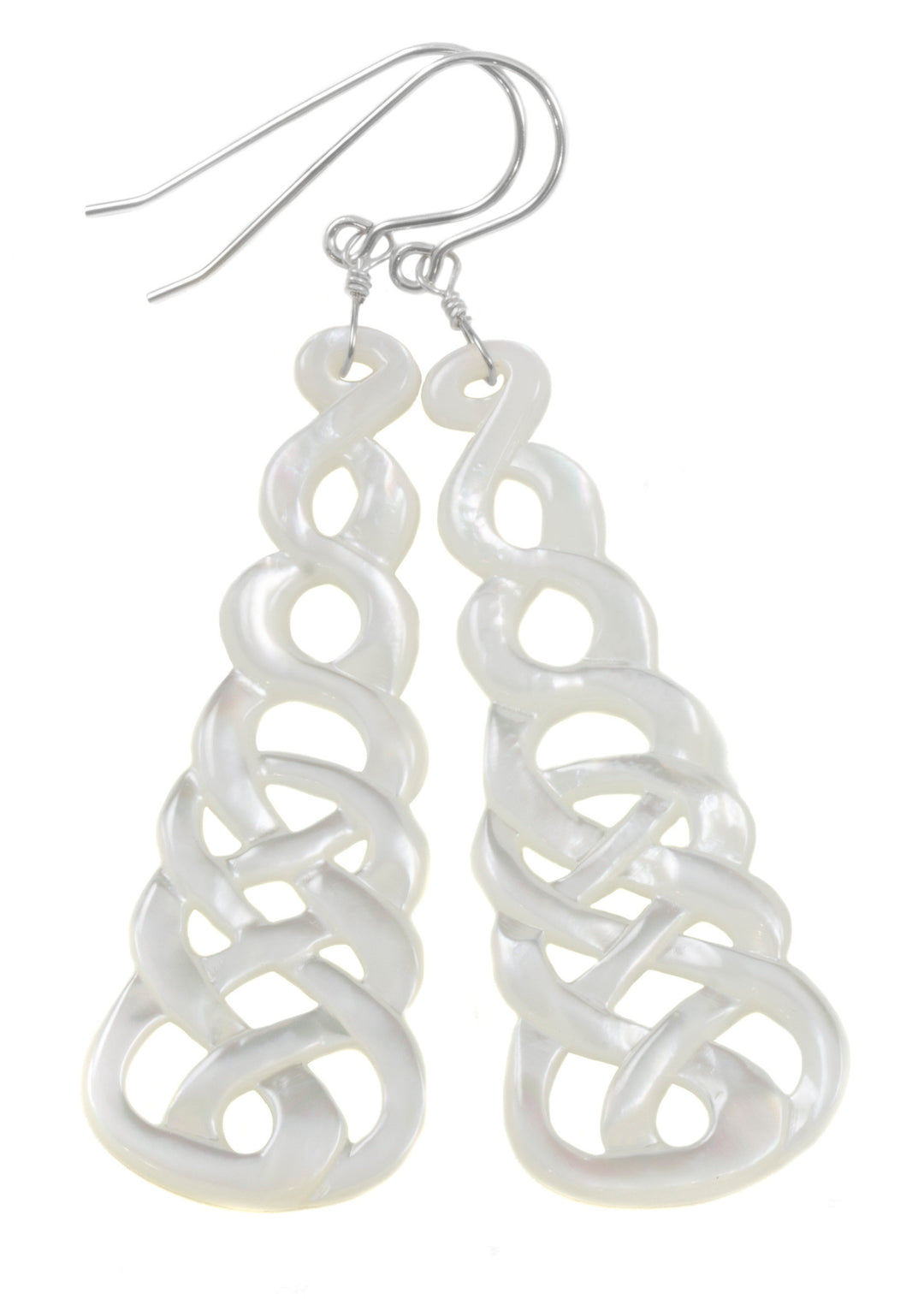 Mother of Pearl Earrings White Shell Carved Relief Celtic Infinity Knot Teardrop Natural 14k Gold or Filled or Sterling Silver Large MOP 2.5