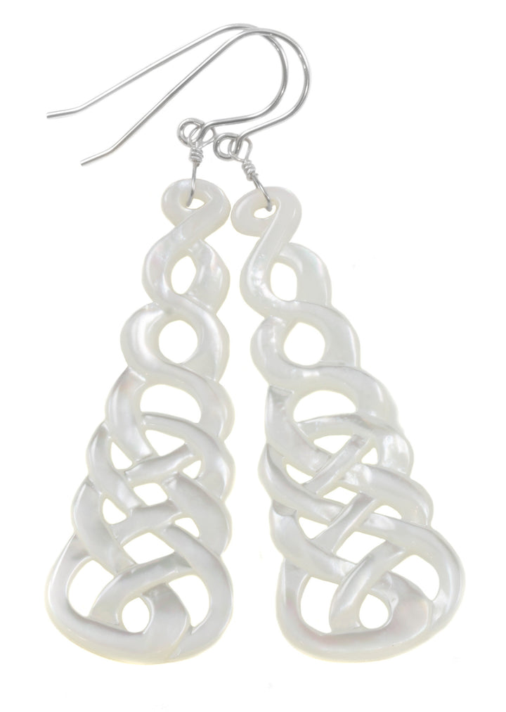 Mother of Pearl Earrings White Shell Carved Relief Celtic Infinity Knot Teardrop Natural 14k Gold or Filled or Sterling Silver Large MOP 2.5