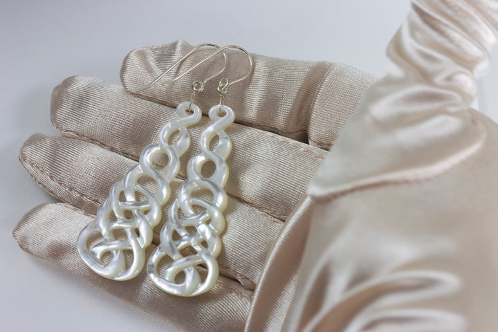Mother of Pearl Earrings White Shell Carved Relief Celtic Infinity Knot Teardrop Natural 14k Gold or Filled or Sterling Silver Large MOP 2.5