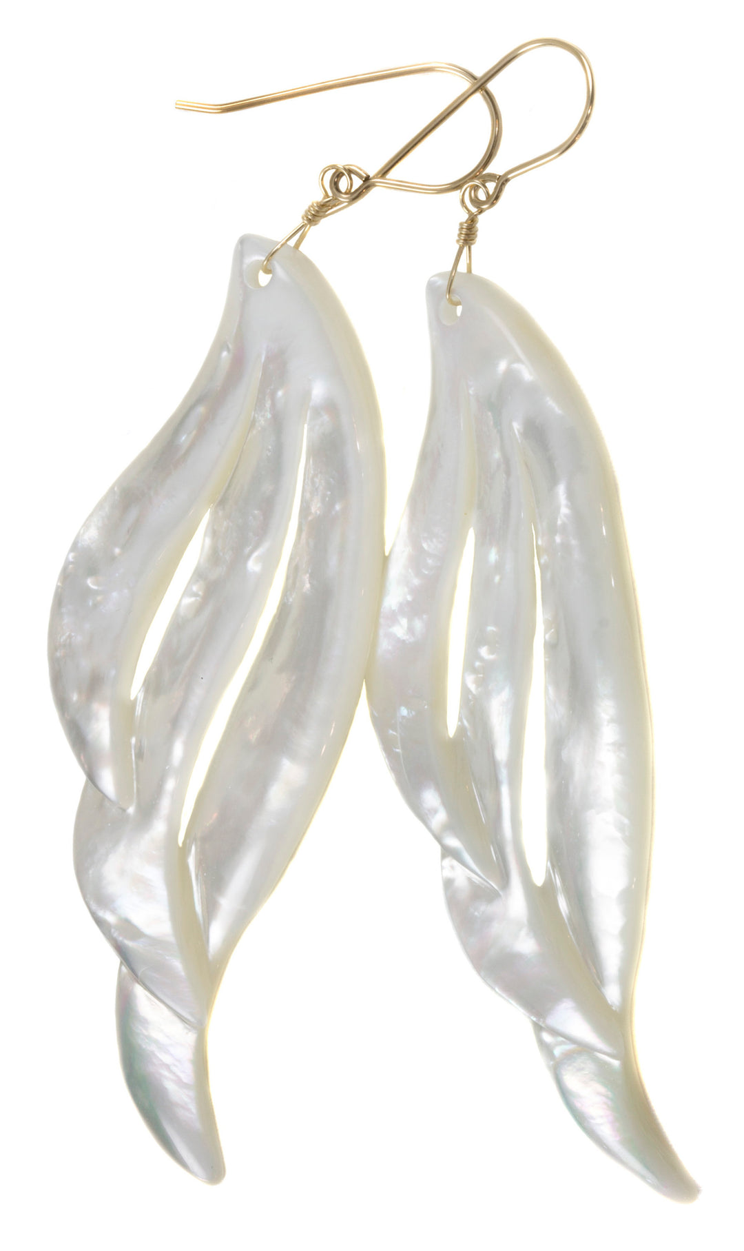 Mother of Pearl Earrings White Shell Carved Relief Feather Wing Teardrop Natural 14k Gold or Filled or Sterling Silver Large MOP 3.4