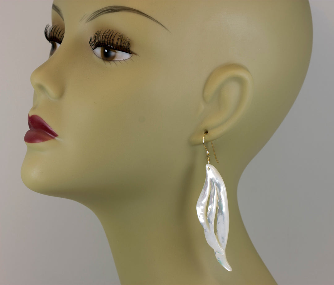 Mother of Pearl Earrings White Shell Carved Relief Feather Wing Teardrop Natural 14k Gold or Filled or Sterling Silver Large MOP 3.4