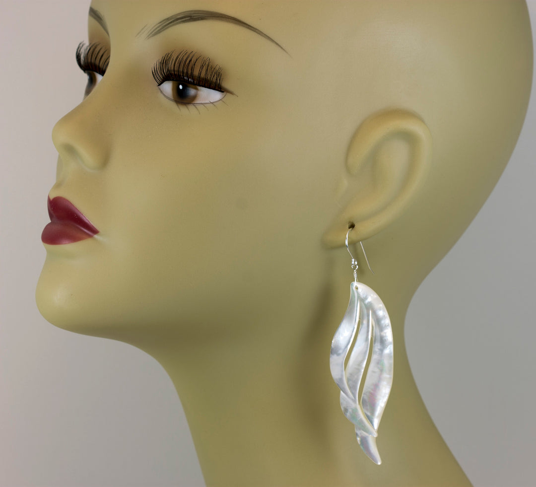 Mother of Pearl Earrings White Shell Carved Relief Feather Wing Teardrop Natural 14k Gold or Filled or Sterling Silver Large MOP 3.4