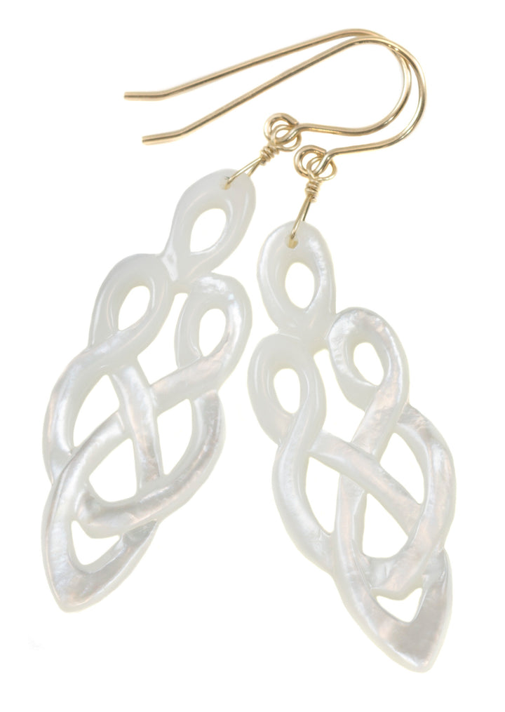 Mother of Pearl Earrings White Shell Carved Relief Celtic Infinity Teardrop Natural 14k Gold or Filled or Sterling Silver Large MOP 2.2