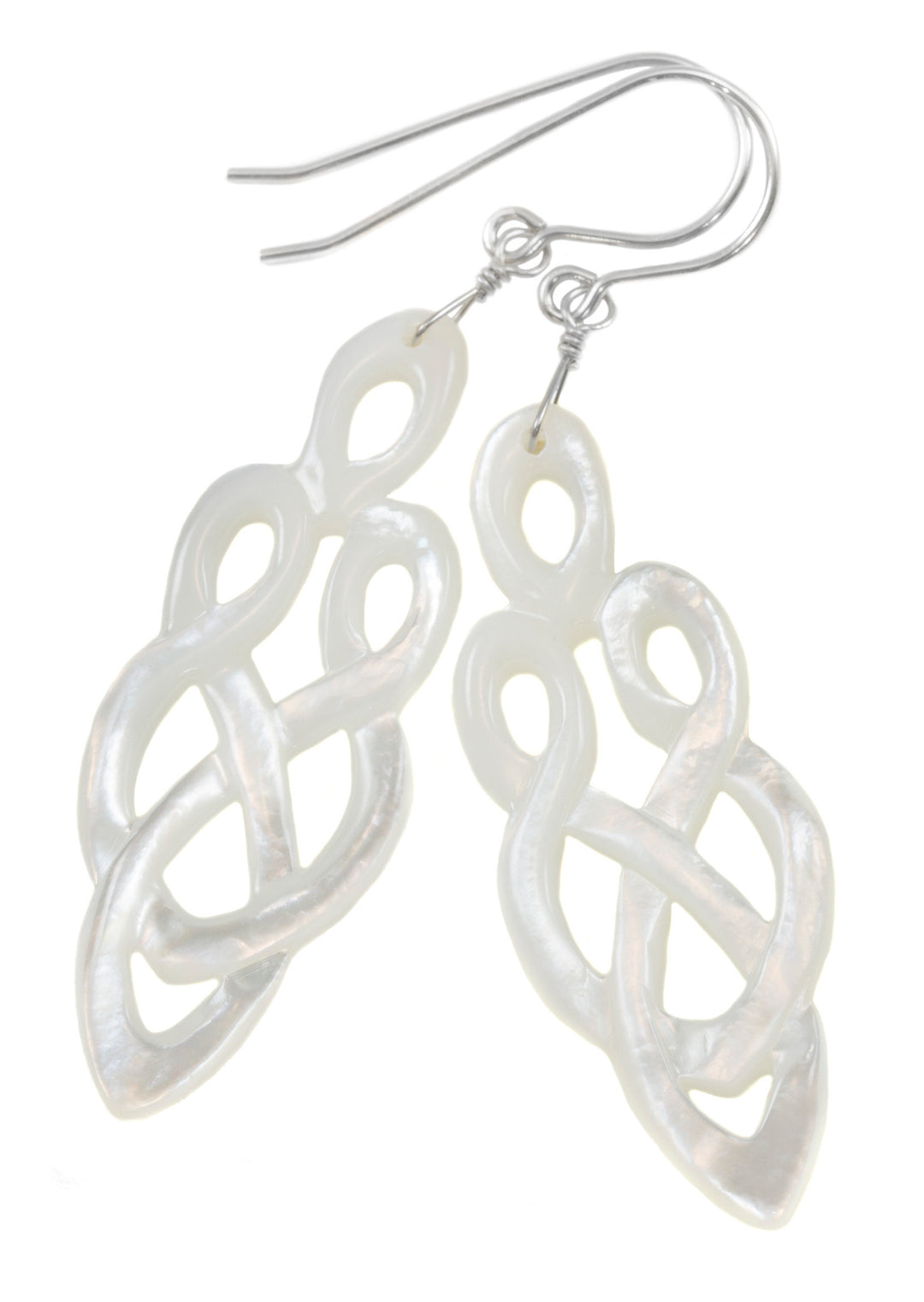 Mother of Pearl Earrings White Shell Carved Relief Celtic Infinity Teardrop Natural 14k Gold or Filled or Sterling Silver Large MOP 2.2